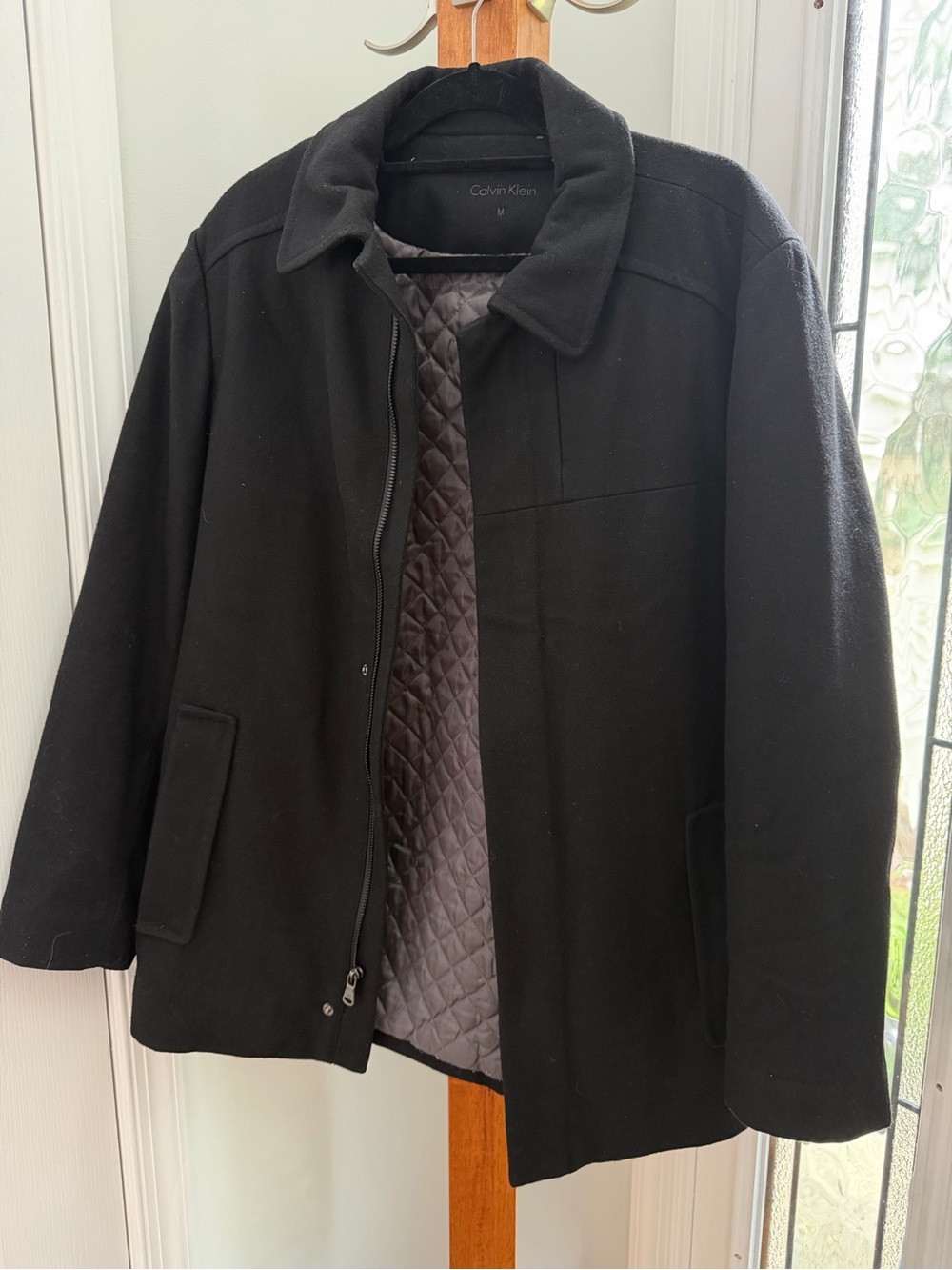 Calvin Klein Black Men's Wool-Blend Pea Coat with Quilted Lining